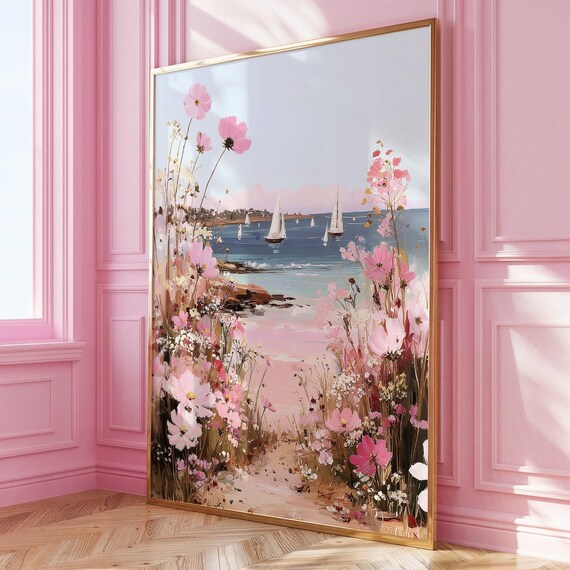 Coastal Sailboat Regatta Pink Wildflowers Beach Painting Poster
