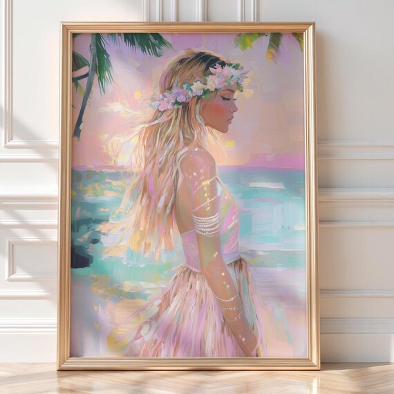 Tropical Girl With Flower Crown, Boho Coastal Poster