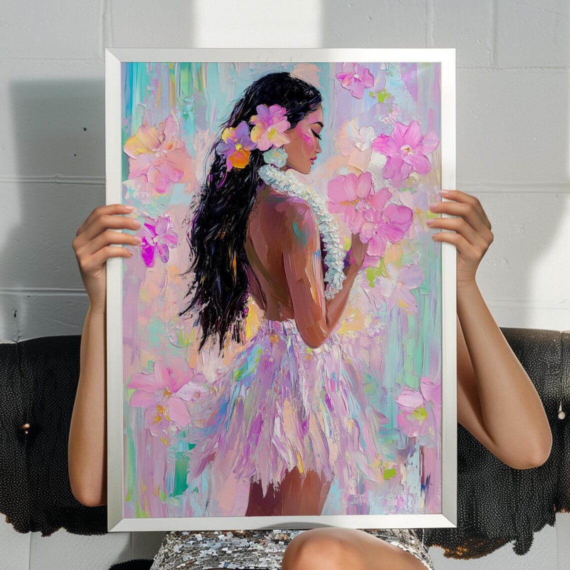 Hawaiian Girl Lei Art Print, Tropical Orchid Painting