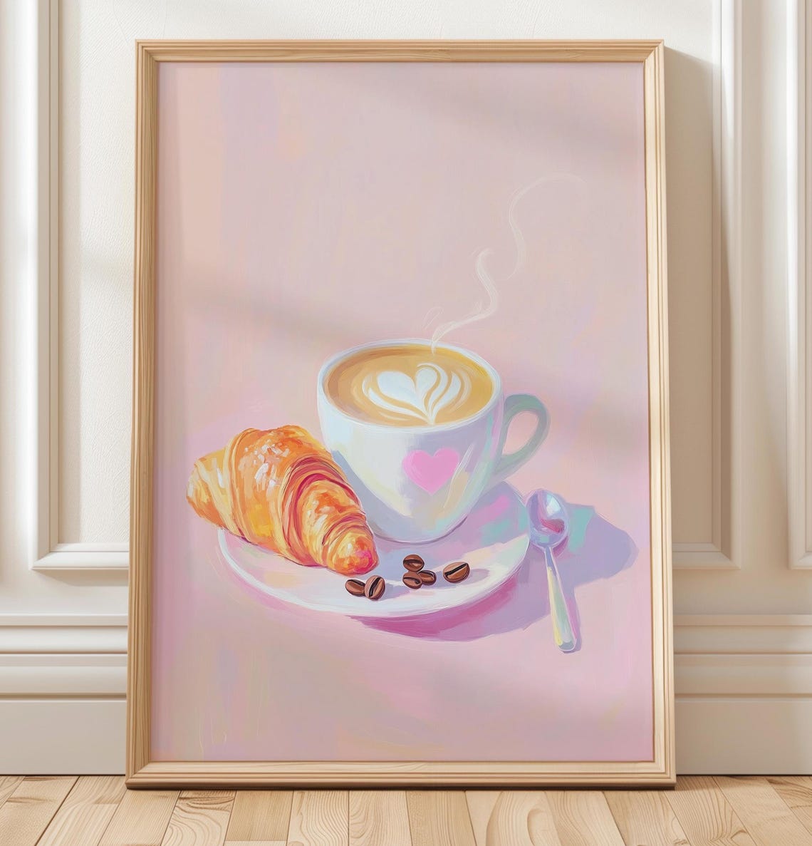 Latte With Heart Art And Croissant Pastel Pink Cozy Cafe Wall Poster