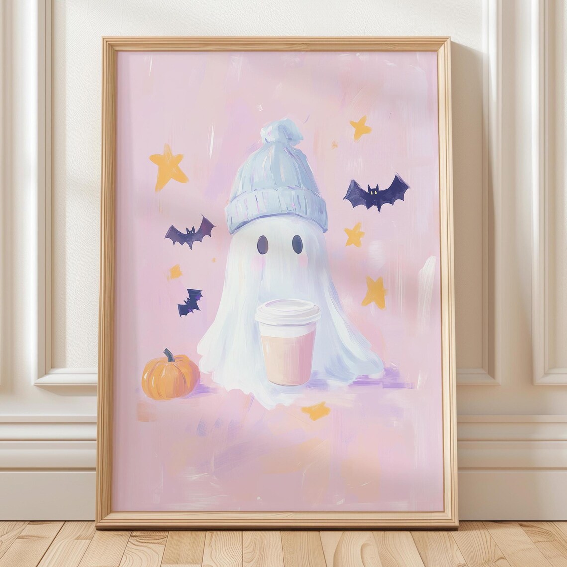 With Beanie And Coffee Wall Art Cozy Halloween Bats Pumpkin Pastel Coquette October Fall Poster Printout