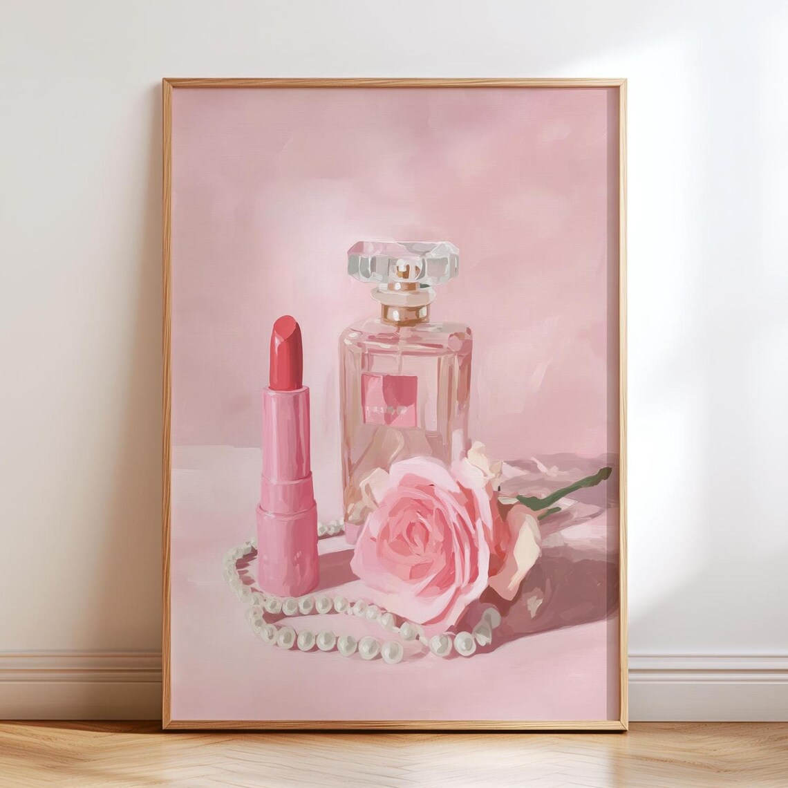 Pink Perfume Bottle Rose Lipstick Pearls Poster Print
