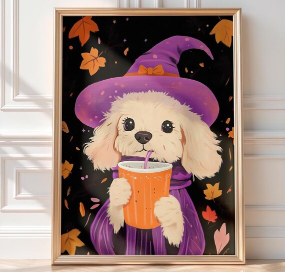 Halloween Dog Art Golden Doodle Witch With Pumpkin Spice Latte Fall Poster Autumn October Print Pet Painting