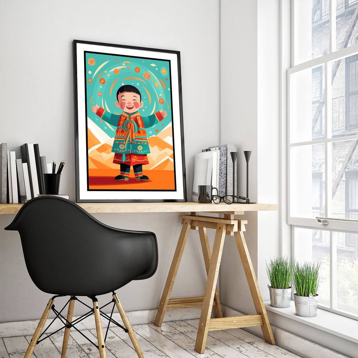 Smiling Mongolian Boy Traditional Costume Mountain Kids Art Print - Image 3