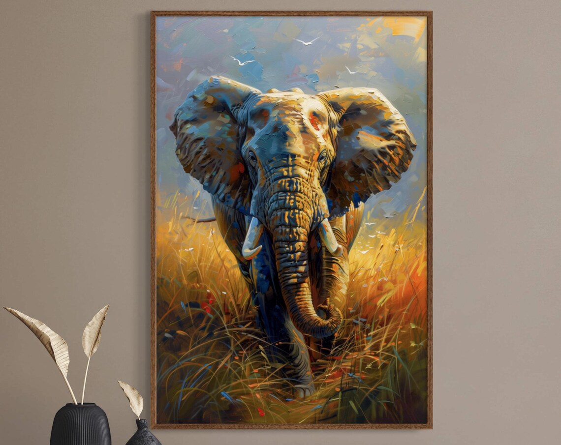 Expressive African Elephant Golden Savanna Wildlife Painting Print