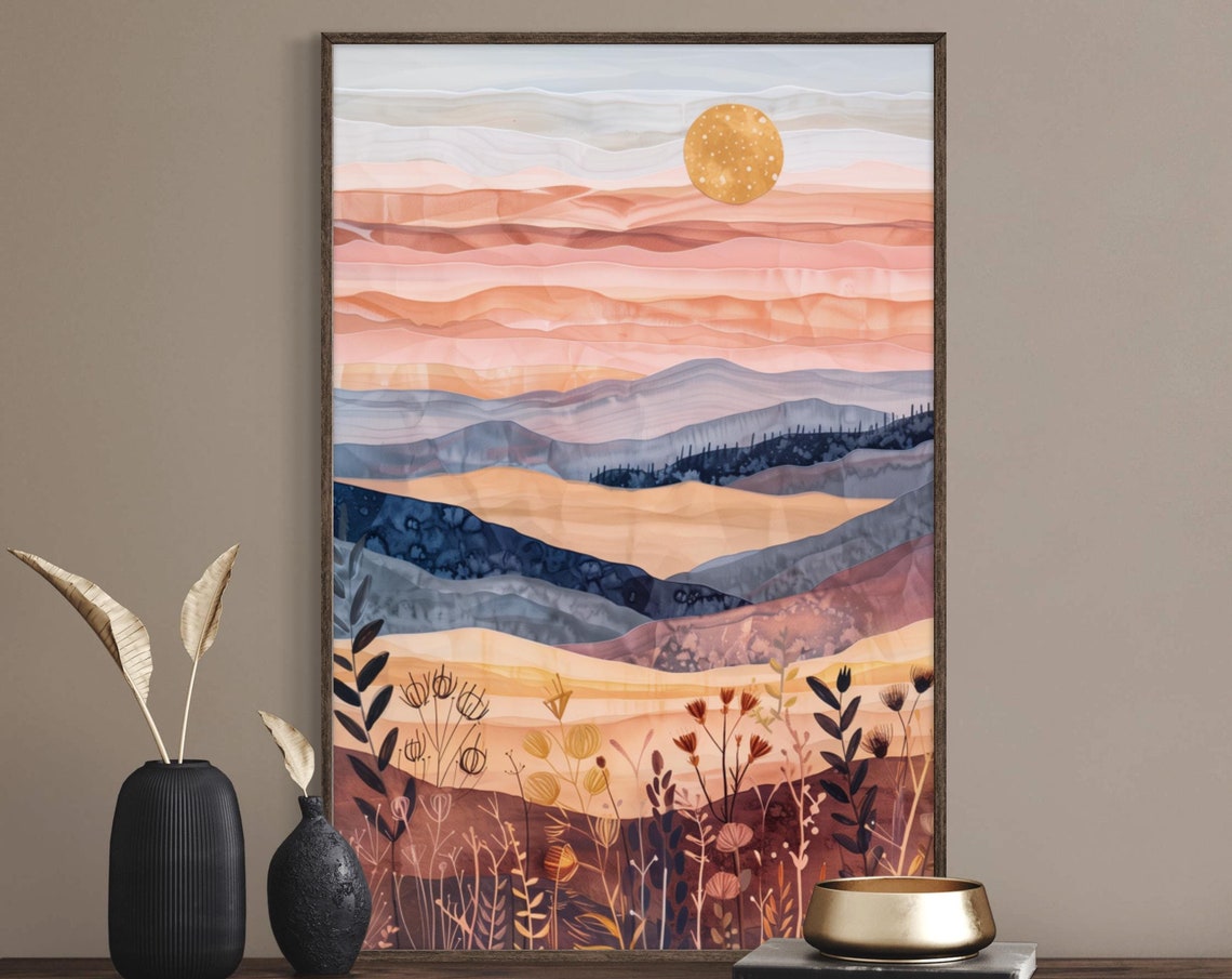 Minimalist Boho Mountain Sunset Earth Tone Wall Art Print For Coquette Room Decor Luxury And Relaxing Rustic Elegance