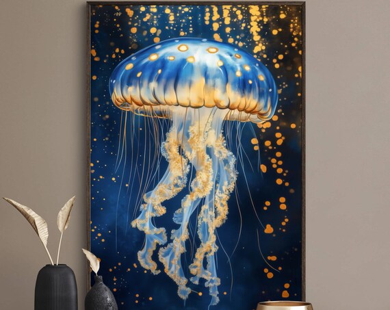 Gentle Jellyfish Wall Art Navy Blue Ocean Print For Nautical Beach House Decor And Underwater Sea Life Charm