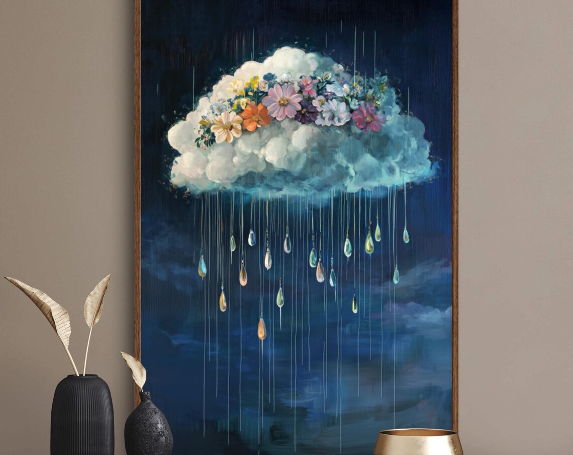 Rain Cloud Art Print, Moody Surrealist Florals