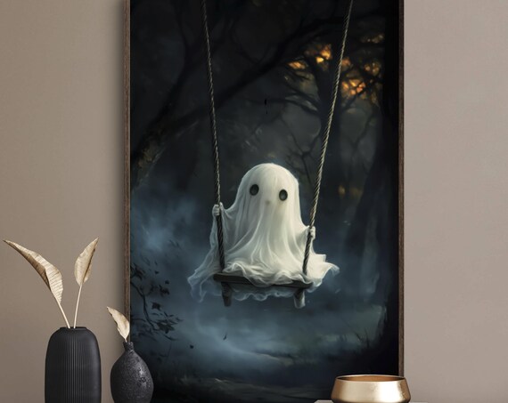 Cute Ghost On Swing Misty Dark Forest Spooky Halloween Art Print