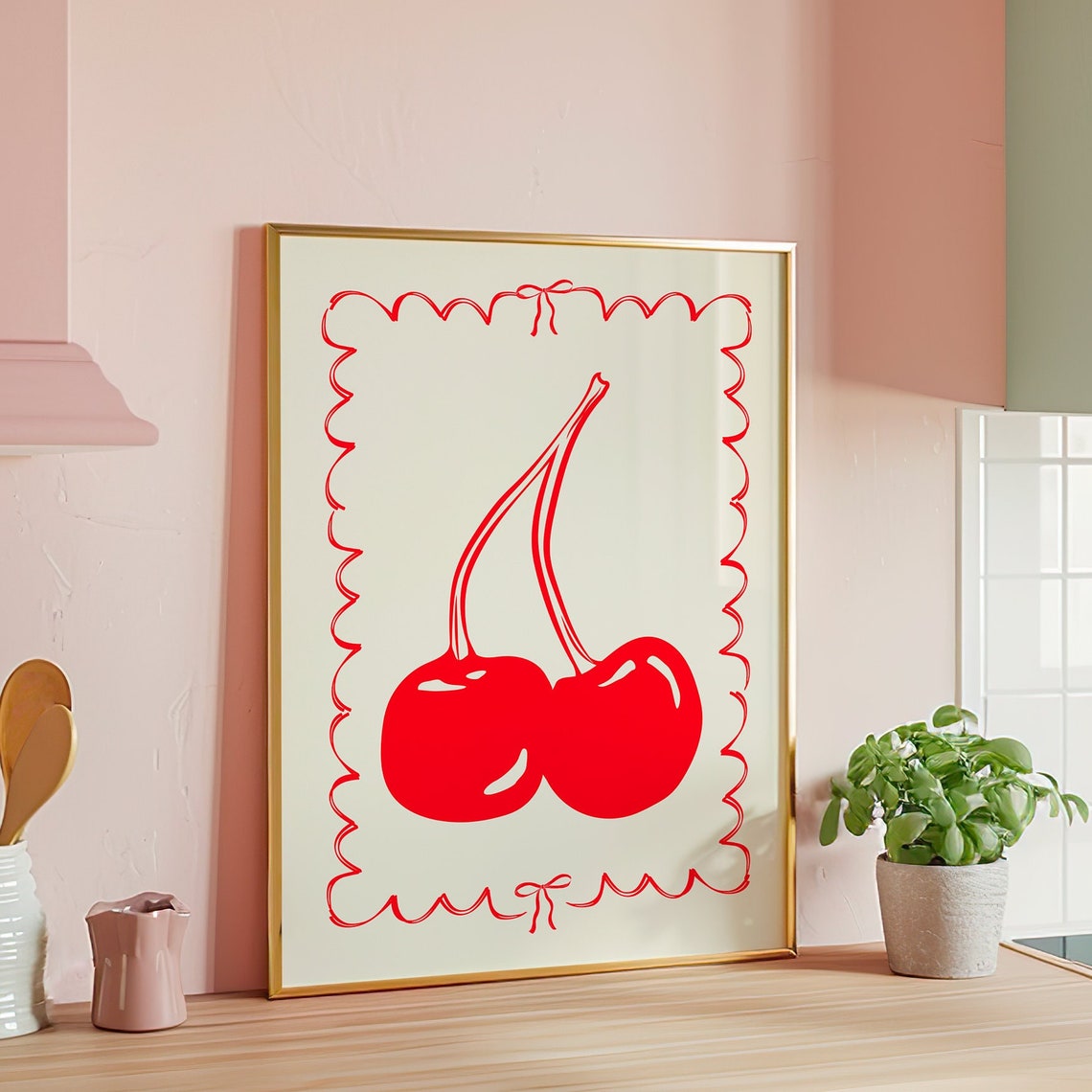 Cherry Wall Art Print Fun Kitchen Decor Red Cherry Illustration Retro Fruit Art Modern Minimalist Wall Art Kitchen Gallery Print