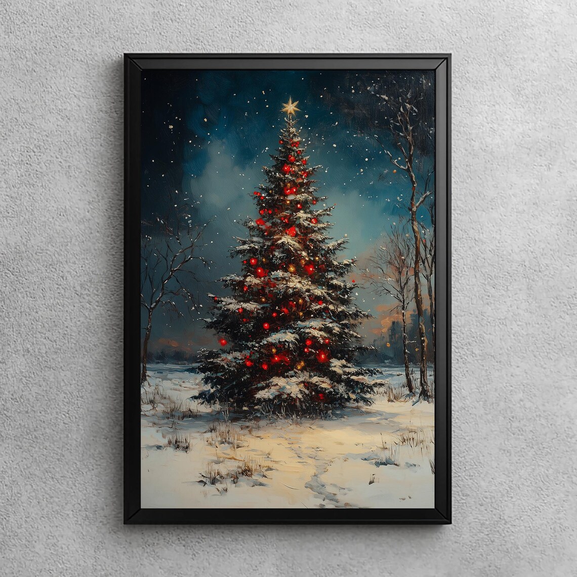 Vintage Christmas Tree Red Ornaments Snowy Night Festive Poster