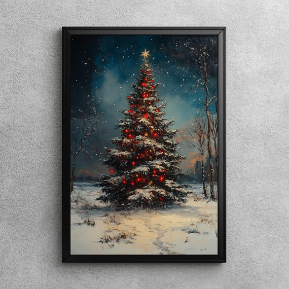 Vintage Christmas Tree Red Ornaments Snowy Night Festive Poster