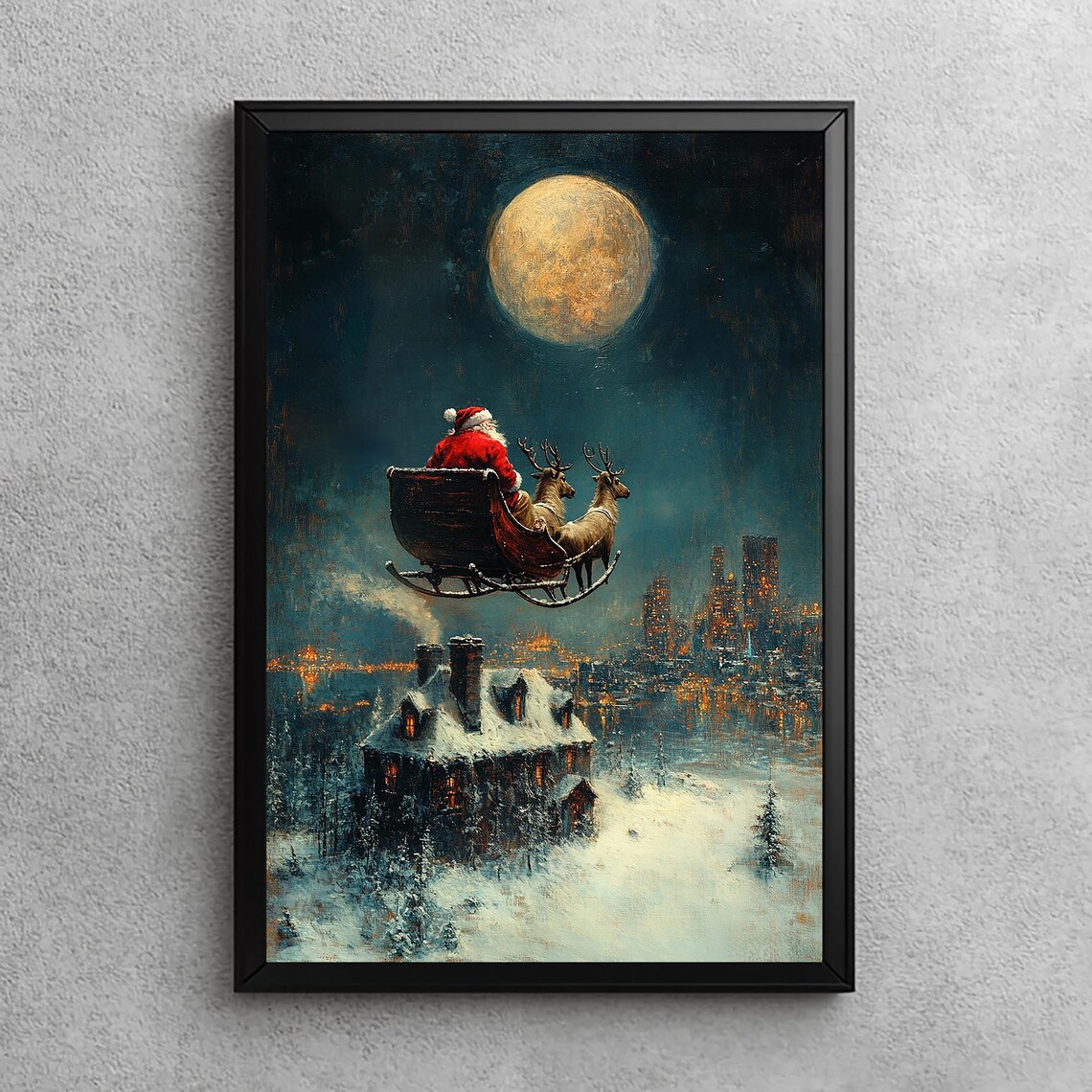 Midnight Flight Santa Claus Sleigh Full Moon Vintage Christmas Poster