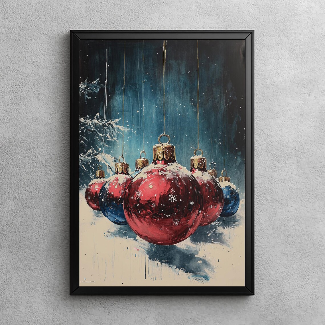 Red And Blue Christmas Baubles Oil Painting Holiday Art Poster
