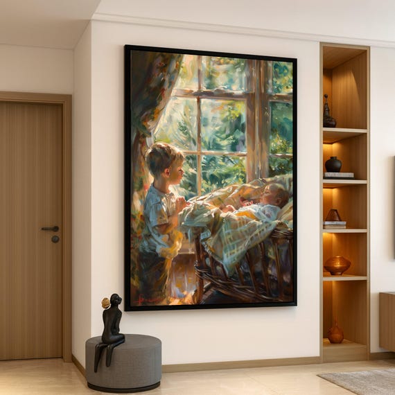 Tender Sibling Moment Sunshine Through Window Canvas Baby And Toddler Nursery Wall Art Warm Family Scene Home Decor Painting
