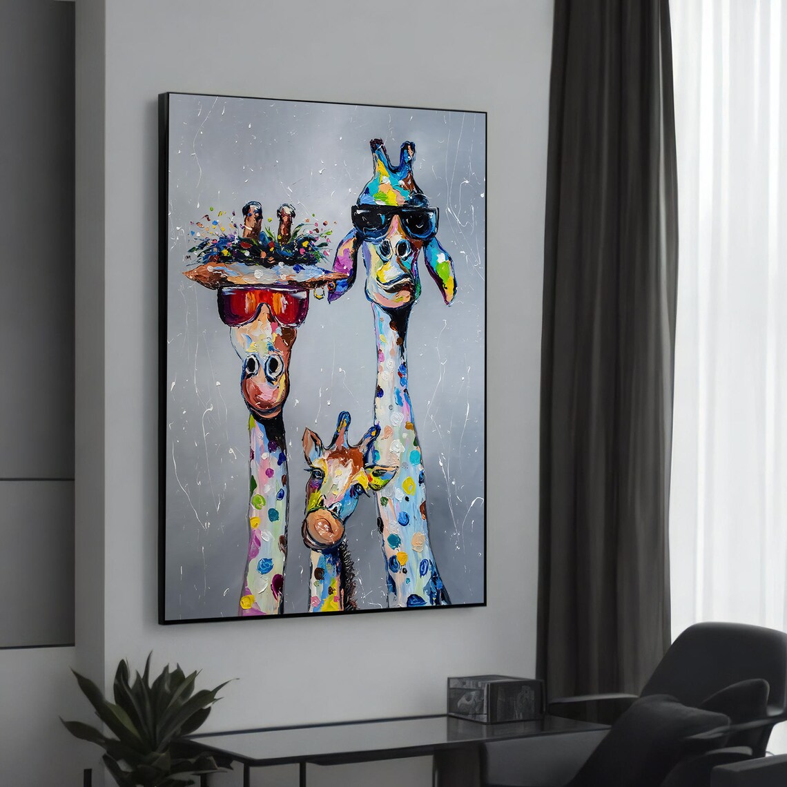 Funny Giraffe Family Sunglasses Colorful Graffiti Art Poster