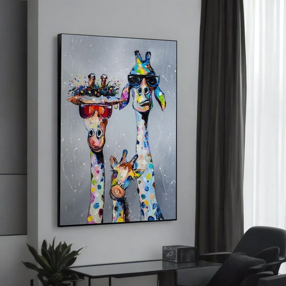 Whimsical Giraffe Family Canvas Art Banksyinspired Graffiti Painting Unique And Playful Gift For Lovers