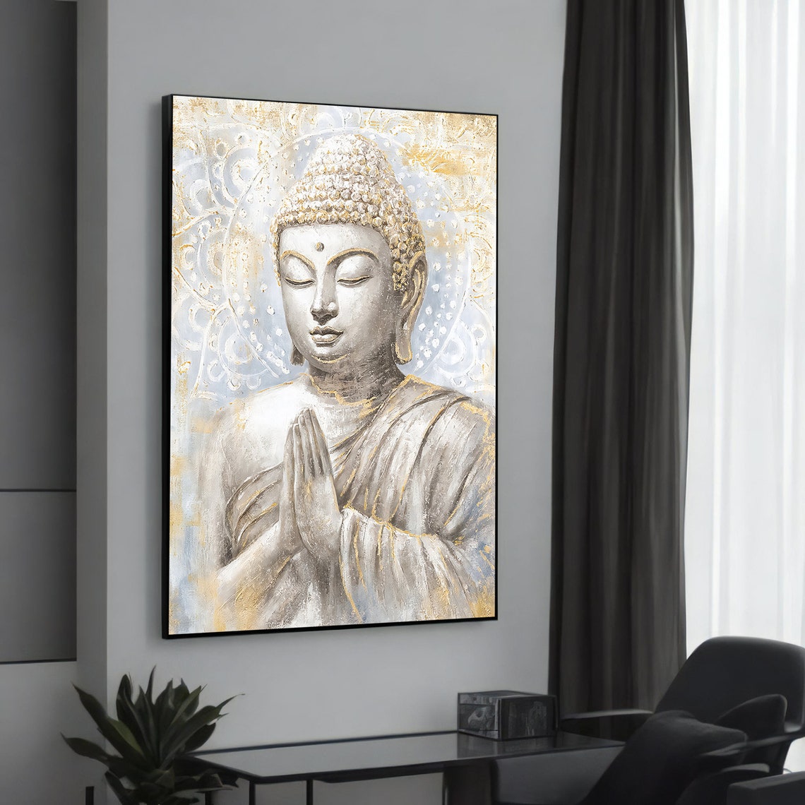Serene Buddha Canvas Painting Tranquil Praying Art Elegant White And Gold Wall Decor Zen Inspired Home