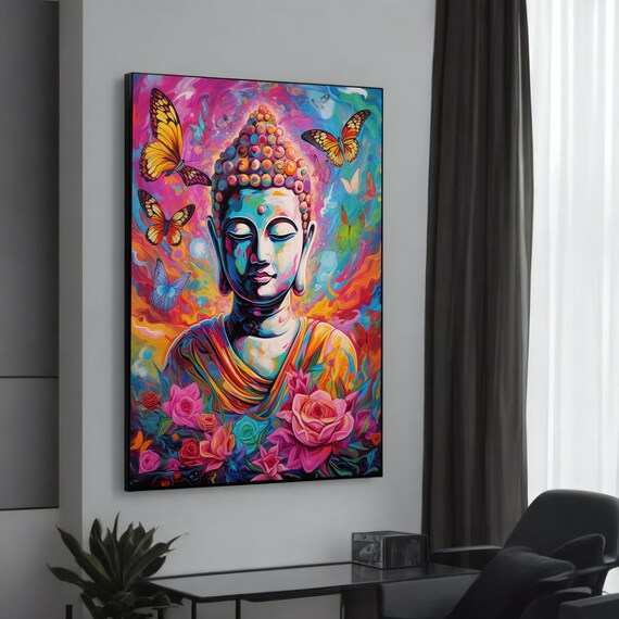 Vibrant Buddha With Butterflies And Roses Colorful Modern Canvas Painting Spiritual Inspirational Wall Art Decor