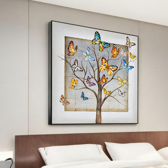 Butterflies On Tree Canvas Painting Whimsical Animal Art Modern Wall Decor Unique Home Decoration Ready To Hang