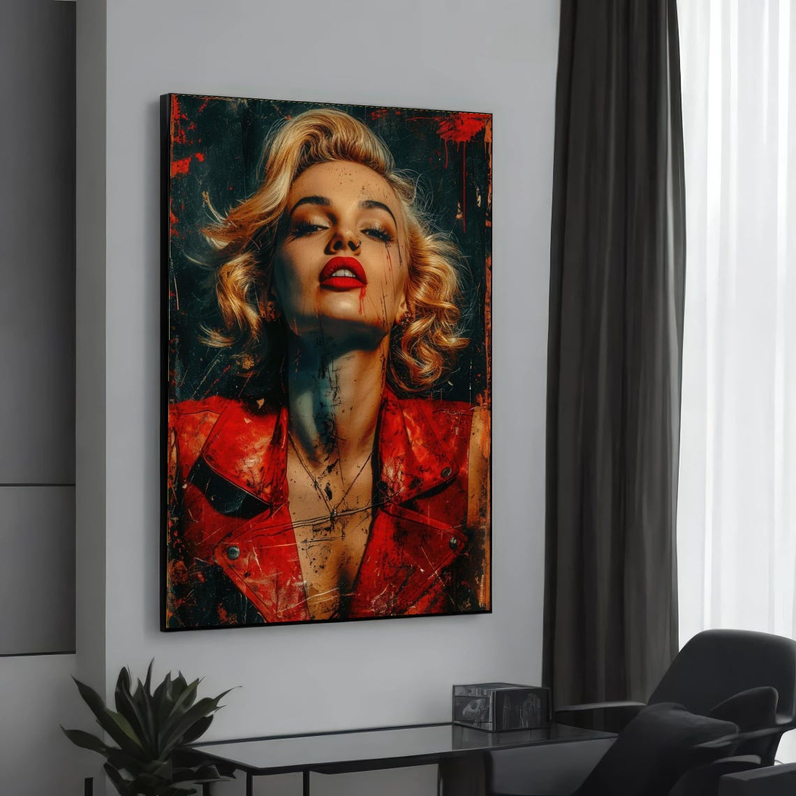 Blonde Bombshell Red Lips Street Art Glamour Portrait Wall Poster