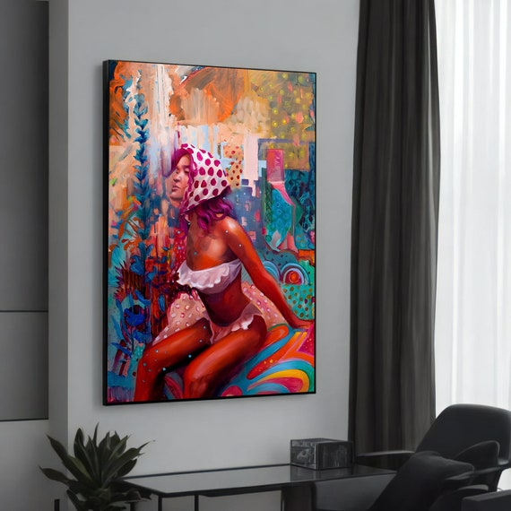 Vibrant Modern Canvas Painting Woman In Colorful Abstract Setting With Polka Dot Scarf Unique Wall Art Gift Contemporary Decor