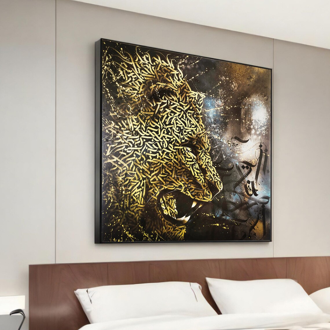 Golden Lion Arabic Calligraphy Art Majestic Black Background Wall Poster