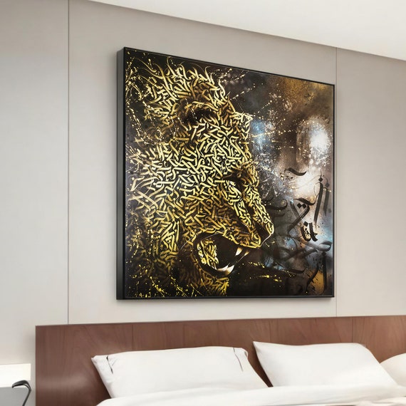 Calligraphic Lion Canvas Painting Unique Animal Art Modern Wall Decor Bold Home Decoration Ready To Hang