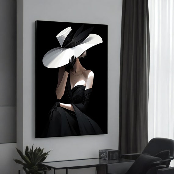 Stylish Lady In Black And White Canvas Painting Modern Fashion Art For Elegant Home Decor