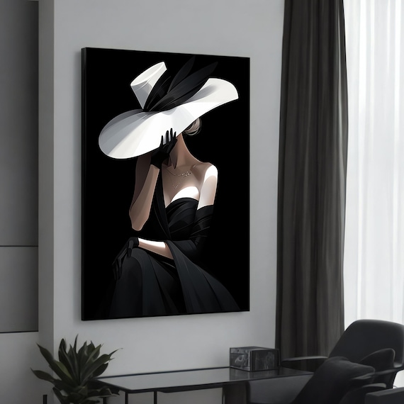 Stylish Lady in White Hat Black Dress Fashion Portrait Modern Wall Art
