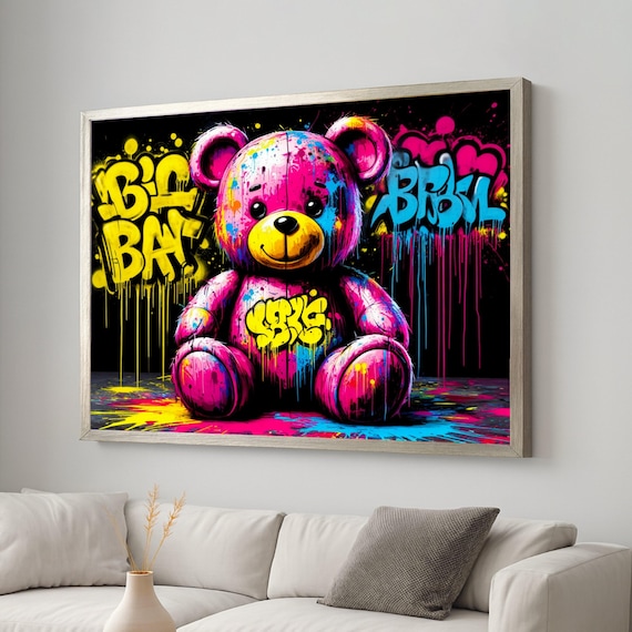 Neon Pink Teddy Bear Graffiti Love Street Art Kids Room Poster