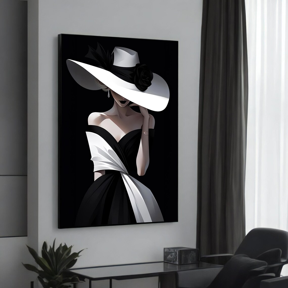 Elegant Lady In Hat Art Print, Black And White Fashion