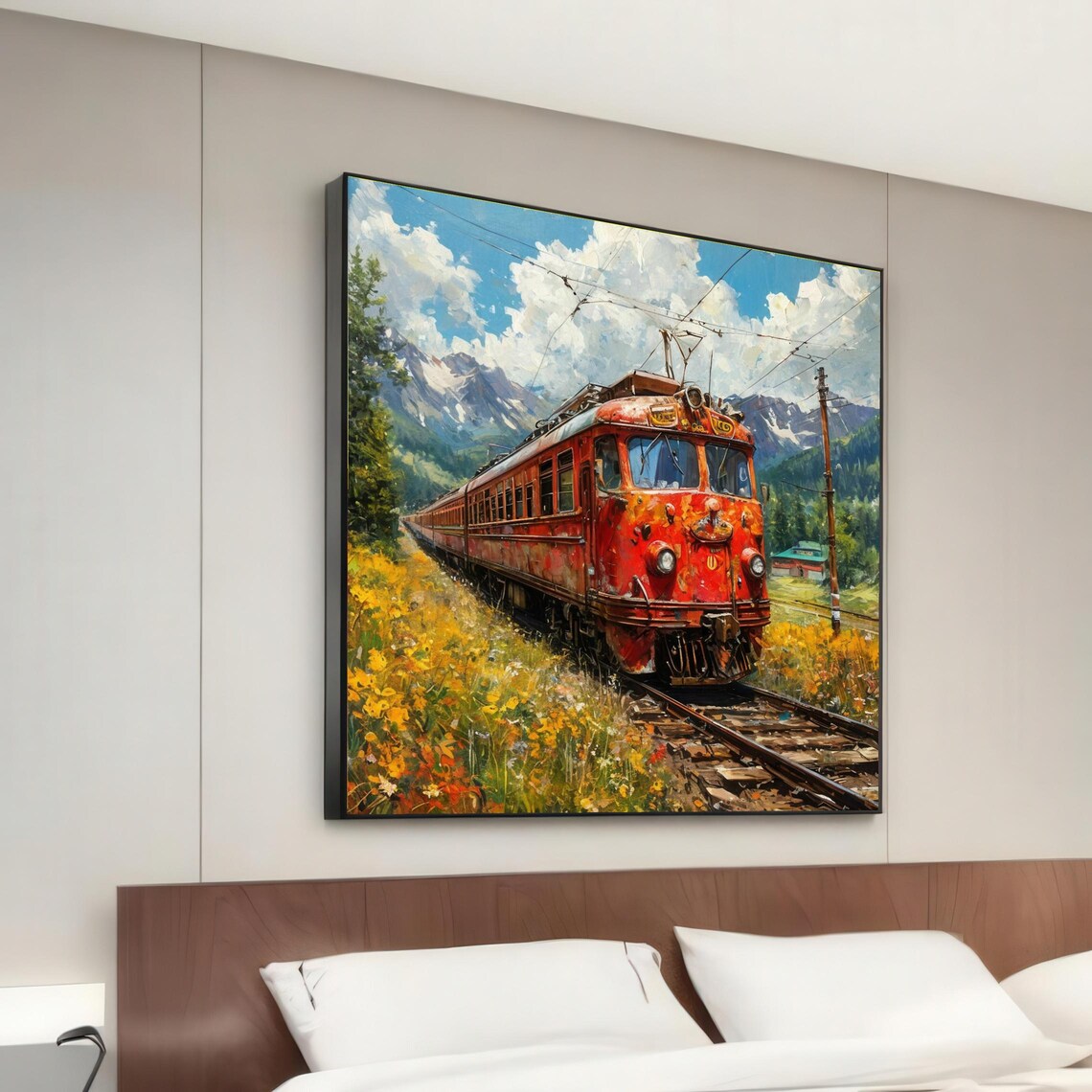 Red Train Mountain Art Print, Scenic Railway Decor