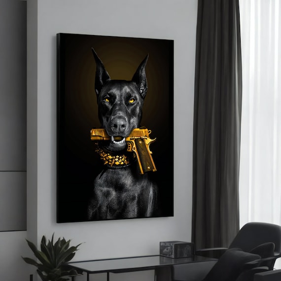 Intense Doberman Holding Gold Pistol Bold Black Dog Portrait Poster