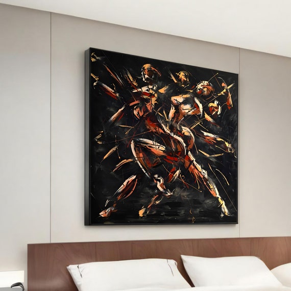 Dynamic Motion Modern Canvas Painting Of Abstract Figures In Movement Unique And Energetic Wall Art Gift