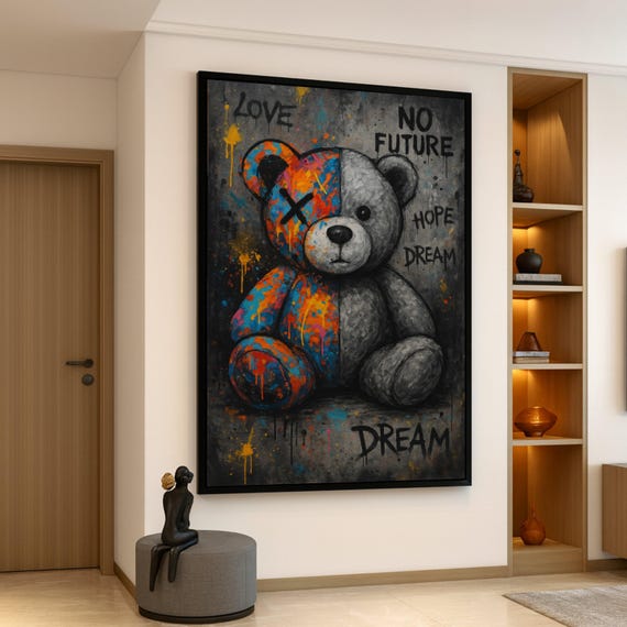 Urban Graffiti Bear Canvas Street Art Wall Decor Colorful Abstract Painting Modern Edgy Home Decoration