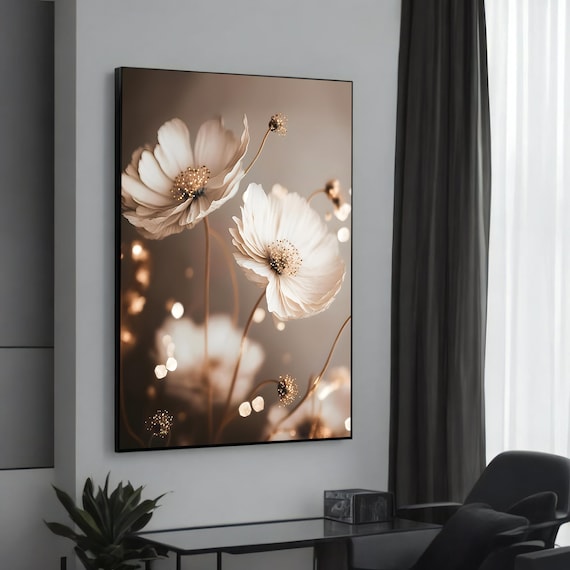 Elegant White Flowers On Brown Canvas Minimalist Floral Art Living Room Decor Painting Gift