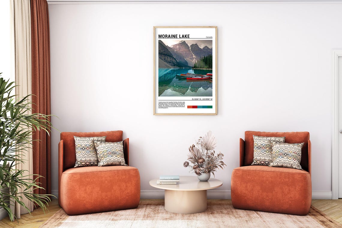 Moraine Lake Canada Red Canoes on Turquoise Water Scene Poster - Image 7