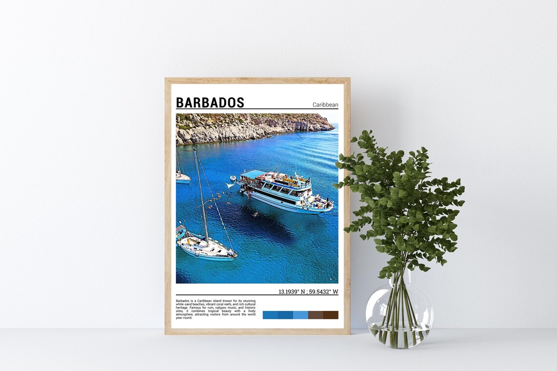 Barbados Caribbean Boats Blue Water Cove Rocky Coast Travel Poster - Image 5