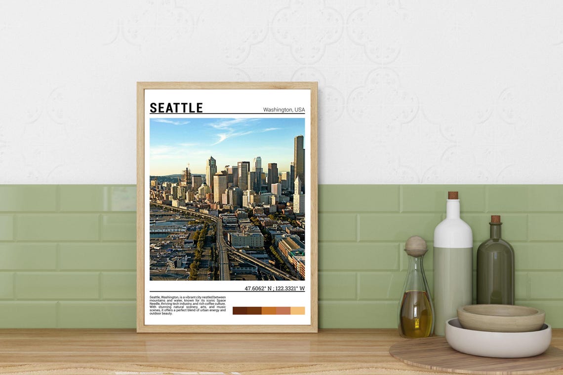 Seattle Washington Downtown Skyline Golden Hour Travel Poster - Image 3
