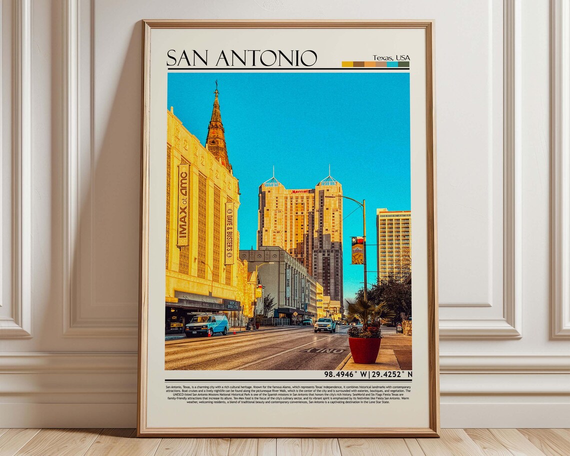 San Antonio Texas Downtown Street Golden Hour Cityscape Travel Poster