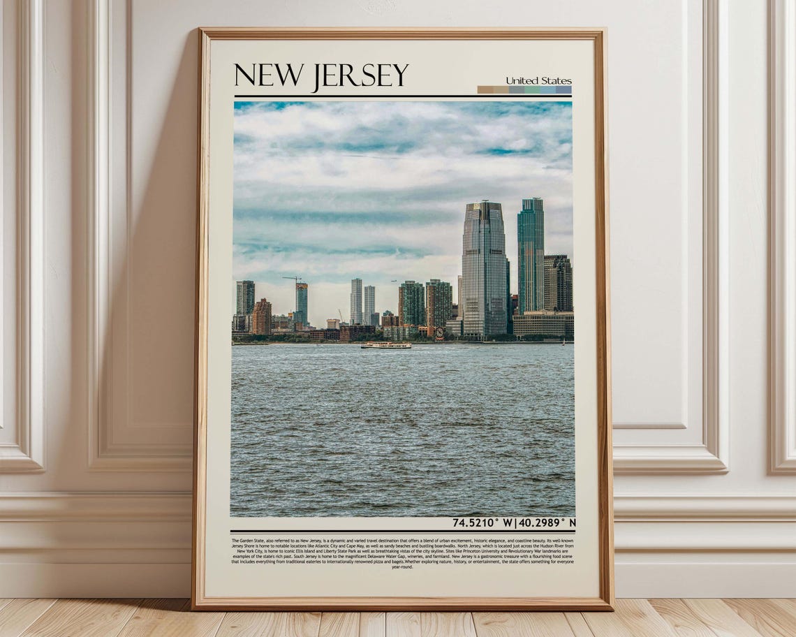 New Jersey Manhattan Skyline Travel Poster with Map Coordinates