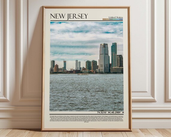 New Jersey Manhattan Skyline Travel Poster with Map Coordinates