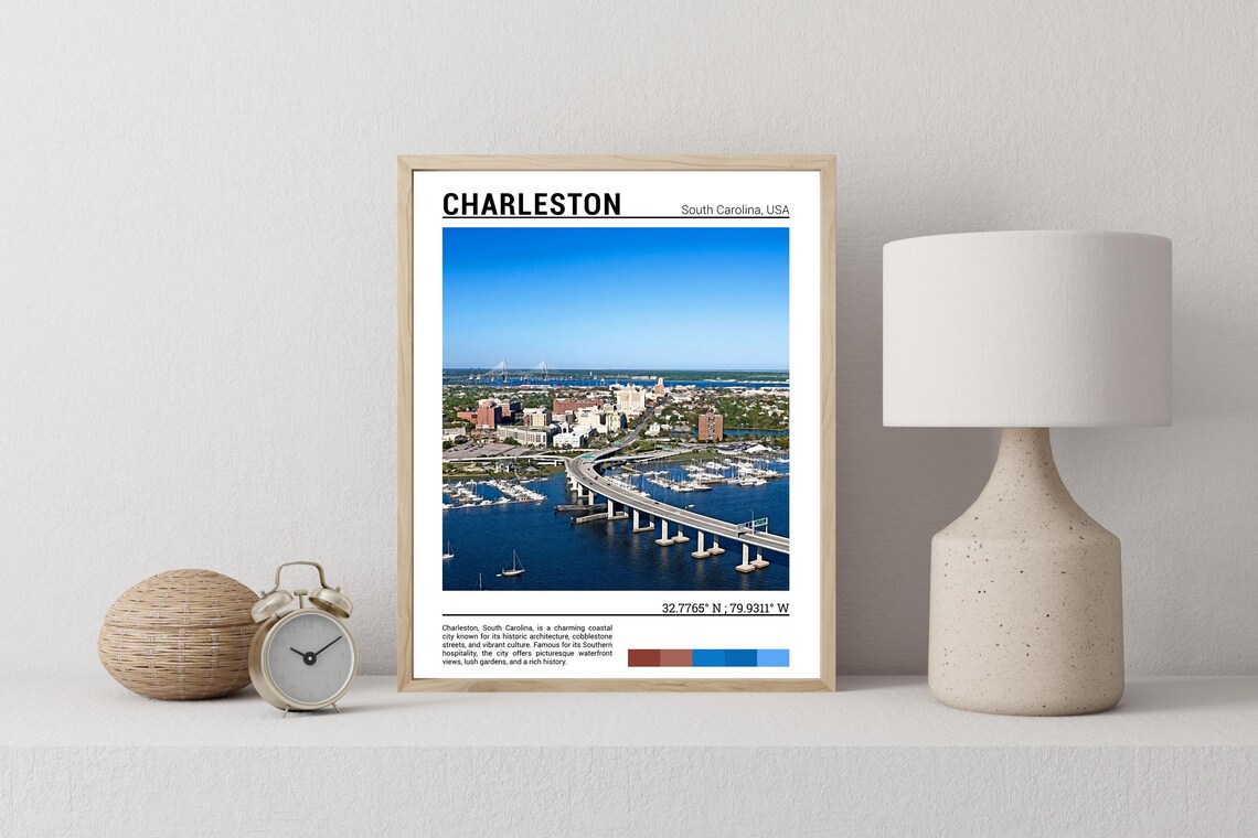 Charleston South Carolina Harbor Bridge Marina Skyline Travel Poster - Image 2