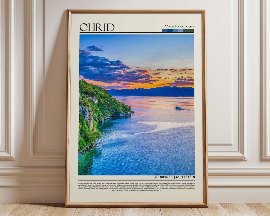 Ohrid Lake Sunset Travel Poster Green Cliffs Golden Water Art