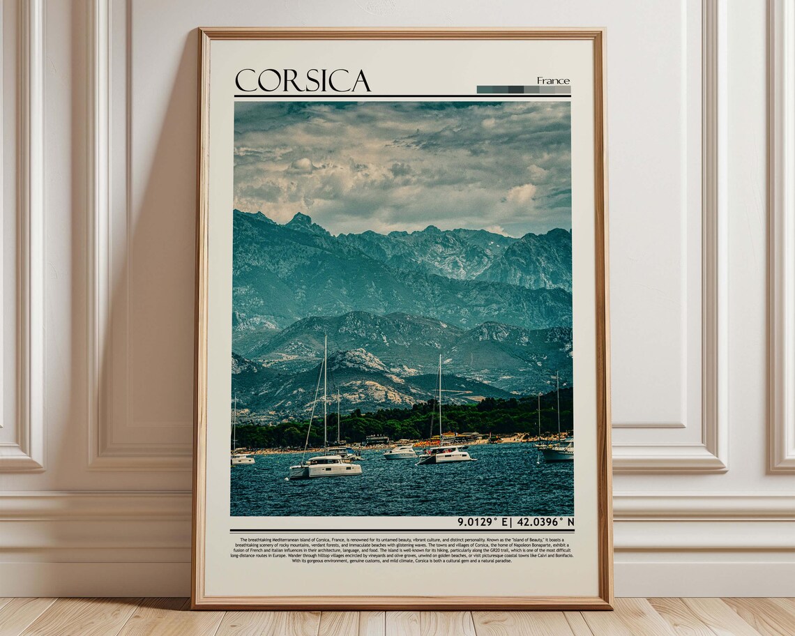 Corsica France Harbor Sailboats Mountains Bay Scene Travel Poster