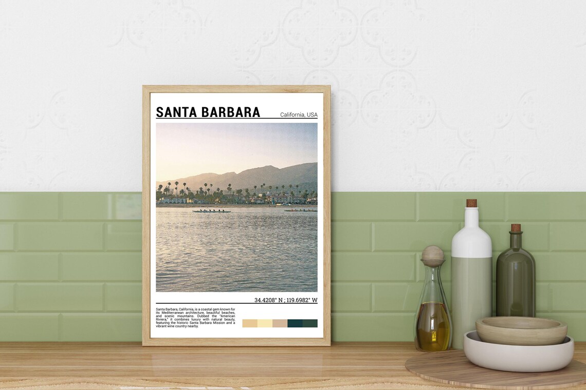 Santa Barbara California Waterfront Palms Mountains Sunset Travel Poster - Image 3