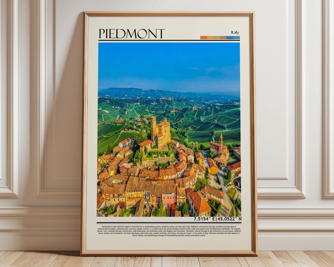Piedmont Italy Travel Poster Aerial Vineyard Castle Town Art