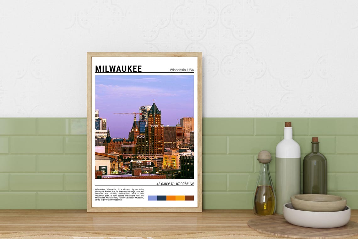 Milwaukee Wisconsin Sunset Skyline Cityscape Dusk Travel Poster - Image 3
