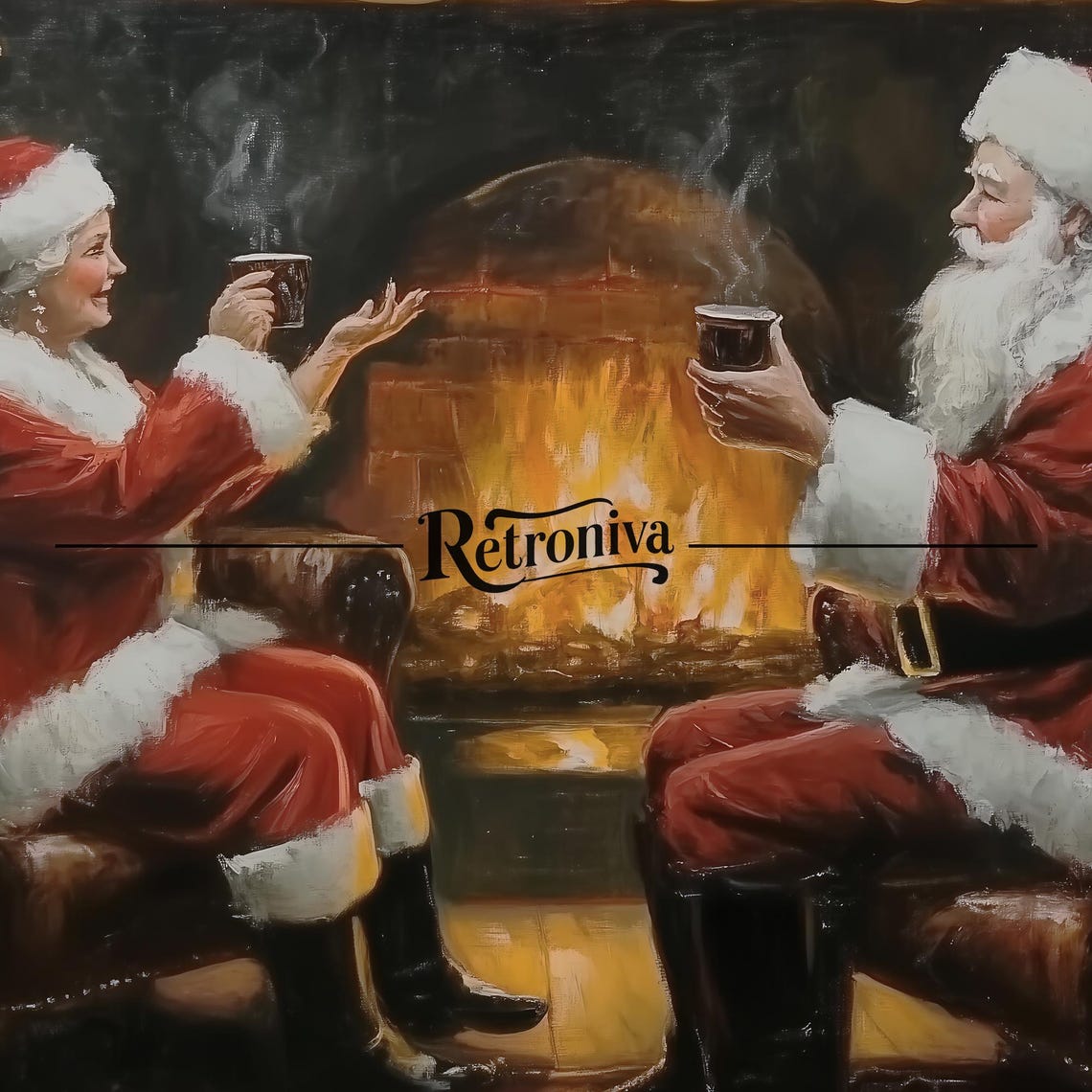Old Couple In Santa Claus Mrs Claus Costume Scene Vintage Oil Painting Couple Christmas Art Print Retroniva Art Cpl 009 - Image 6